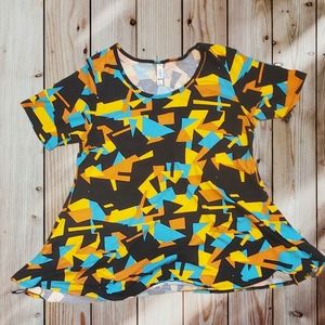 LulaRoe Perfect Tee L Geometric Print Black Orange Blue Yellow